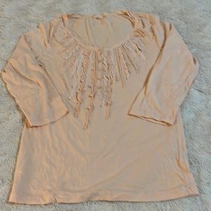 Crew Peach Color  3/4 Sleeve V-Neck Tee with Ruffle DetailsSize XL